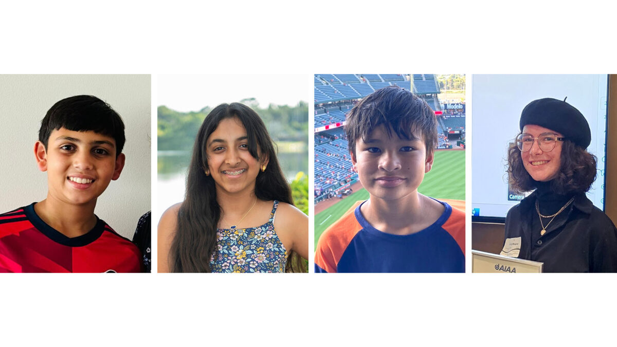 Four children smiling; two boys on the left and a girl and boy on the right. The background includes a lush landscape, a stadium, and an indoor setting.