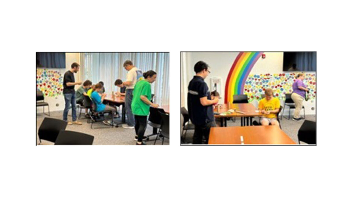 Two images showing people working on art projects in a room with colorful wall decorations, including a rainbow mural. They are seated at tables and seem engaged in their activities.