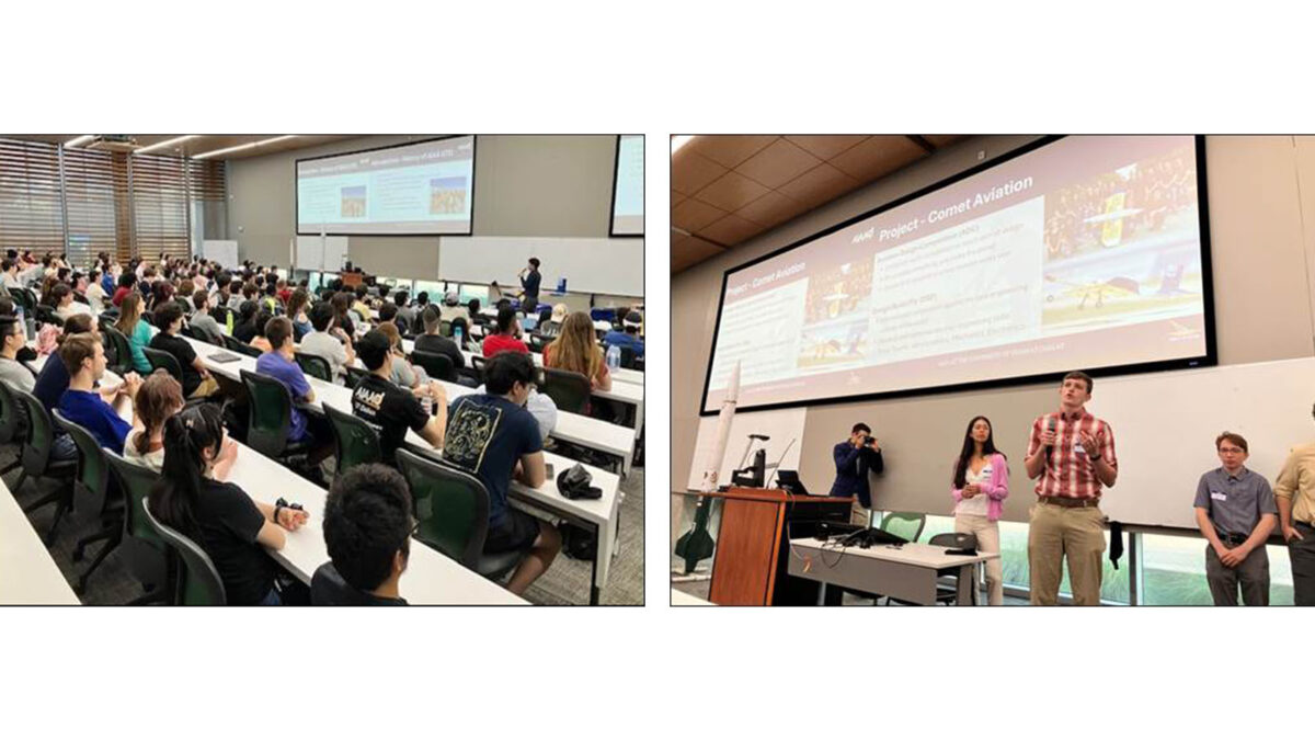 A large audience listens to a presentation in a lecture hall (left). On a separate occasion, four people present a project titled 