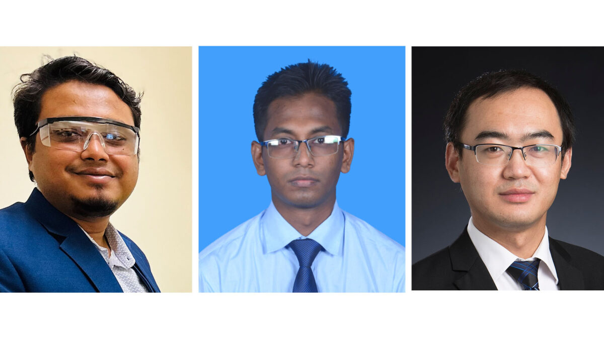 Three men, each wearing glasses and formal attire, are shown in separate headshots. The man on the left is wearing safety glasses, the man in the middle is against a blue background, and the man on the right is in a suit and tie.