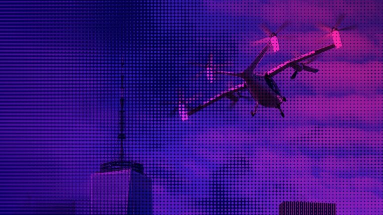 A futuristic drone hovers near a tall building against a purple and blue dotted background.