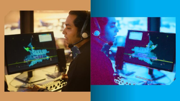 Person with a headset operates a computer with radar-like screens, shown in a normal and a color-inverted view.