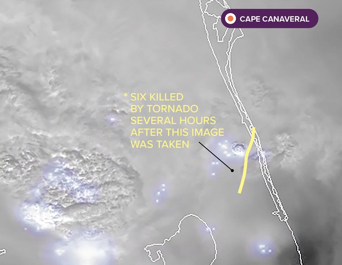 Satellite image showing a tornado over Tampa Bay, Florida. Locations like Tampa Bay, Siesta Key, and Cape Canaveral are labeled. A note states six deaths occurred after the image was taken.