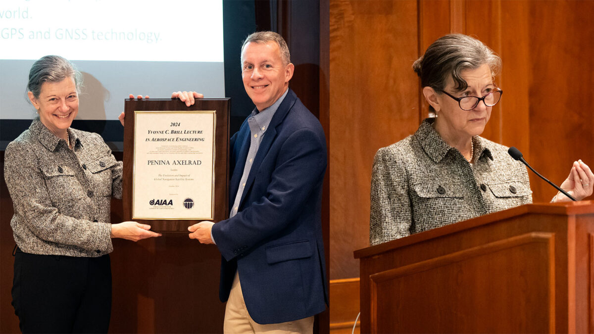 A woman receives an award plaque from a man, while another image shows her speaking at a podium.