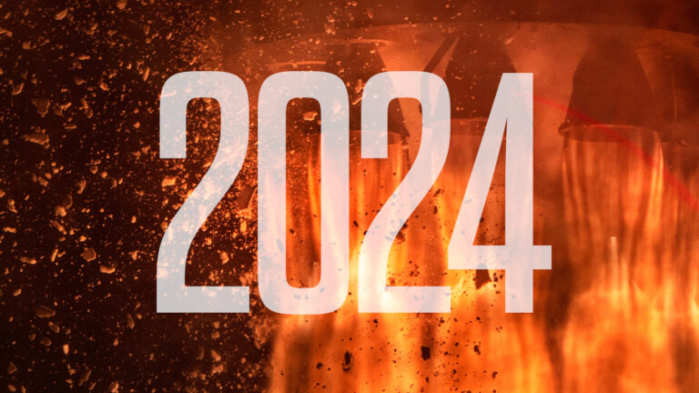 The number 2024 is displayed over a background of fiery orange flames and floating embers.