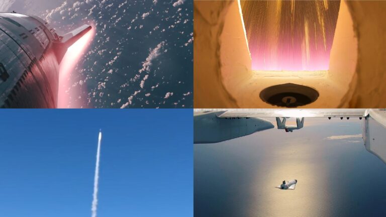 Hypersonic flight tests get democratized Collage of four images showing a rocket launch, a spacecraft re-entry, a thermal protection test, and a small vehicle landing on water.