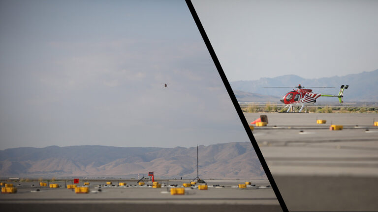 Split image of a helicopter in flight over a wide landscape on the left and a red helicopter parked on an airstrip with mountains in the background on the right.
