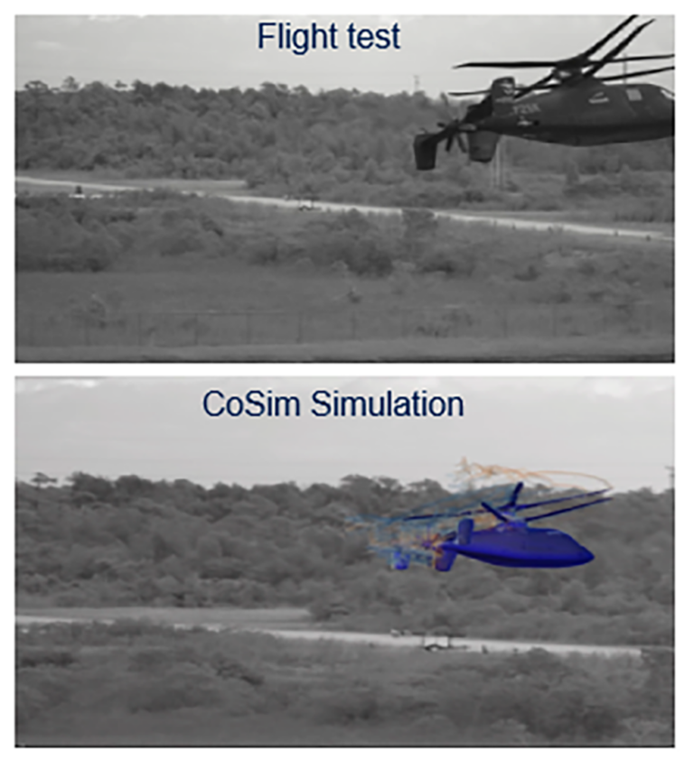 A side-by-side comparison of a helicopter in flight and its CoSim simulation. The top image shows the real helicopter, while the bottom depicts a digital simulation over the same landscape.
