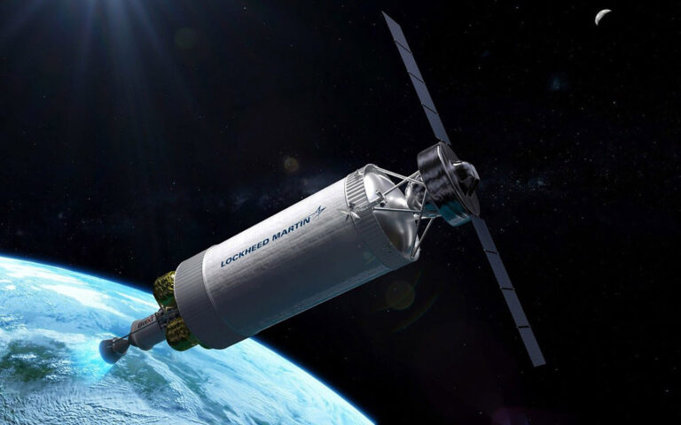 Interest grows in nuclear propulsion for deep-space transportation A satellite labeled "Lockheed Martin" orbits Earth, with solar panels extended, against a backdrop of space and a distant moon.