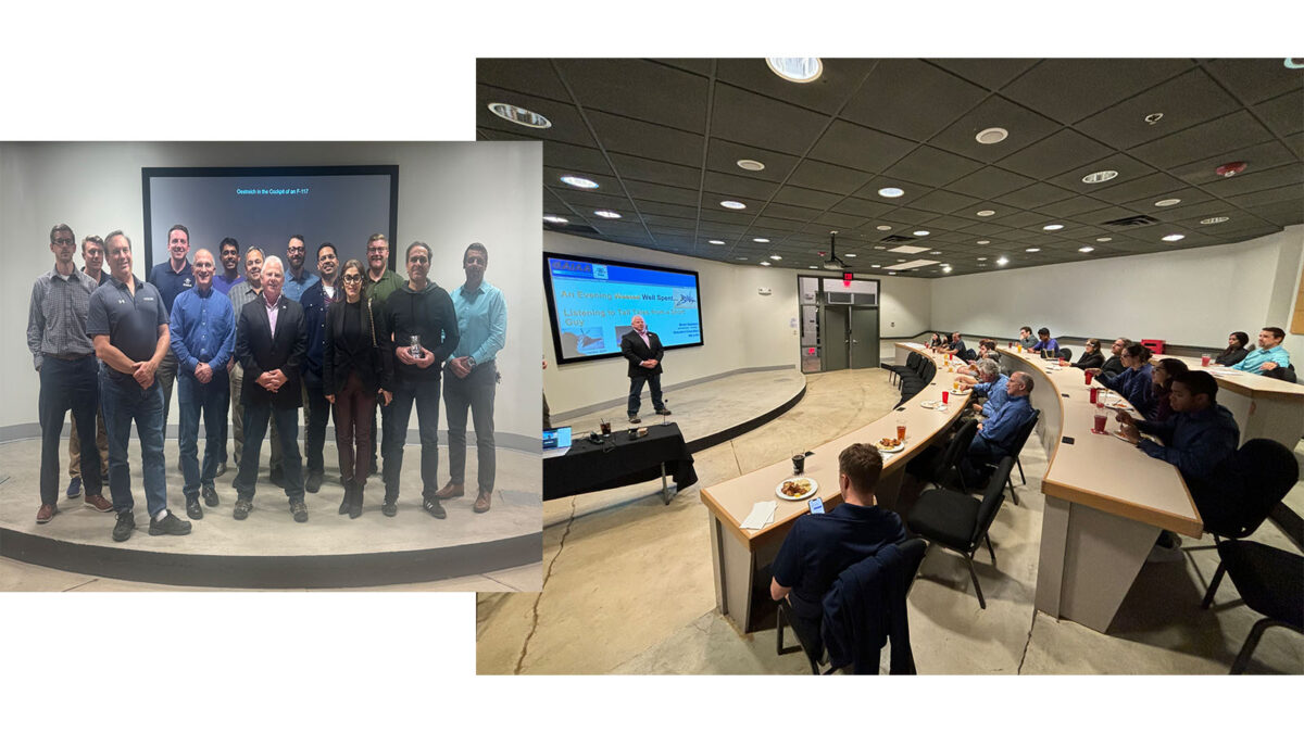 A group photo of people standing in front of a presentation screen on the left, and a classroom setting with a presentation on the right.