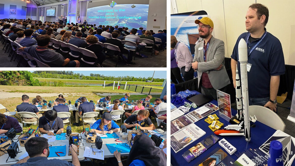 Collage of a space education conference with an auditorium speech, outdoor workshop, and exhibit booth featuring model rockets and educational materials.