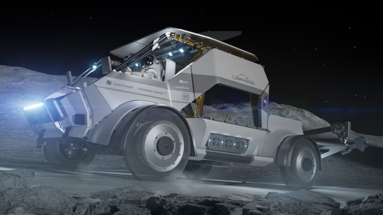 A futuristic lunar rover with advanced technology and rugged tires is parked on a moon-like surface under a starry sky.