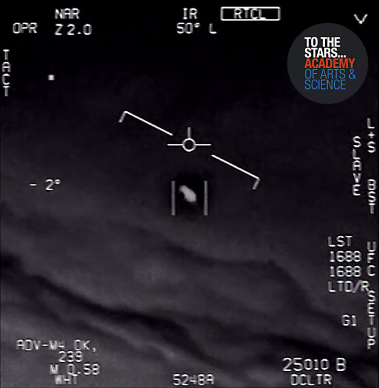 A black and white infrared image showing an unidentified flying object (UFO) in the center, captured by military technology, with various data and the "To The Stars Academy" logo on the top right.
