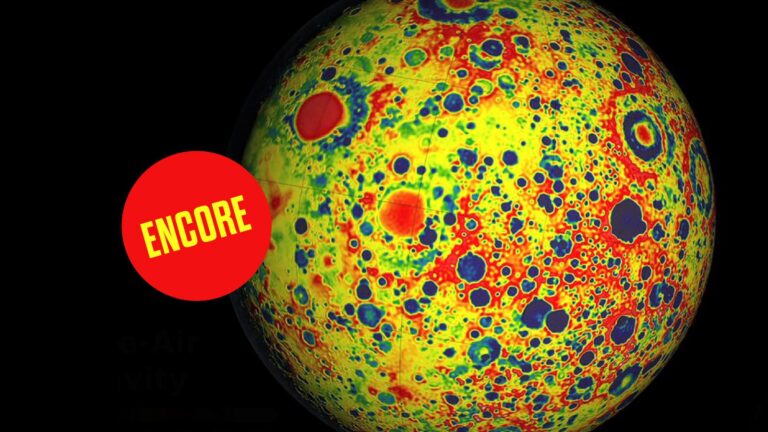 A colorful topographic map of a moon's surface, displaying red, blue, and green patterns. A red circular label with "ENCORE" is placed on the left side of the image.