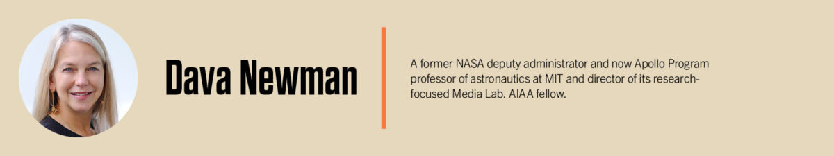 Image of Dava Newman with a description of her roles, including former NASA deputy administrator, Apollo Program professor, director of MIT Media Lab, and AIAA fellow.