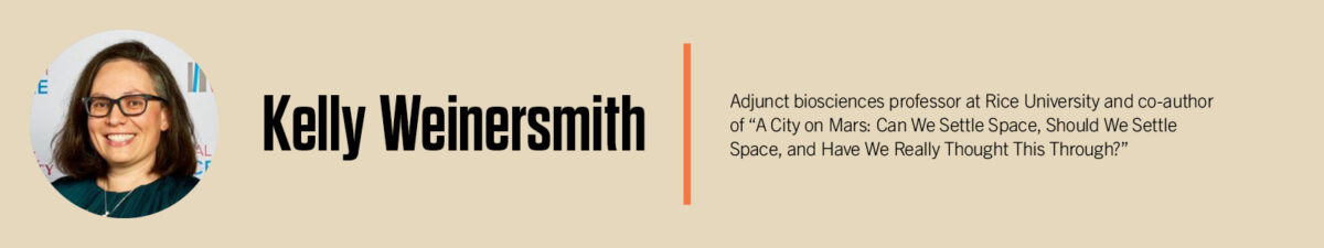 Profile image and information for Kelly Weinersmith, an adjunct biosciences professor and co-author of a book about settling space and Mars exploration.