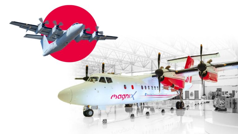 From something old, something new Two airplanes in a hangar: one large white aircraft with red accents on the ground, and one smaller blue aircraft in flight, set against a white background with a red circle.