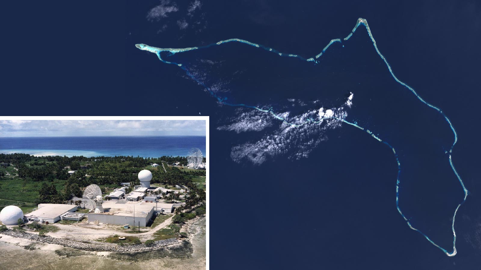 Satellite image of a coral atoll surrounded by ocean, with an inset showing a facility with large satellite dishes and antennas on the shore.