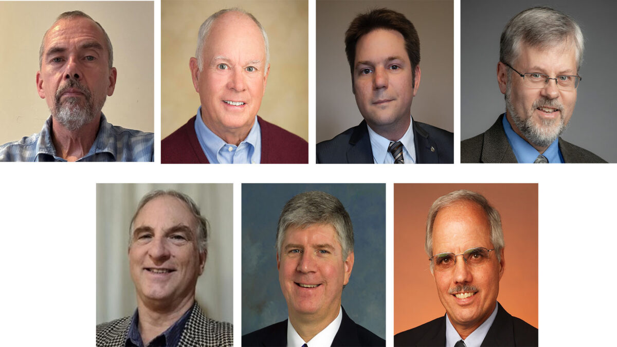 Seven men in formal attire are shown in individual portrait photos arranged in two rows.