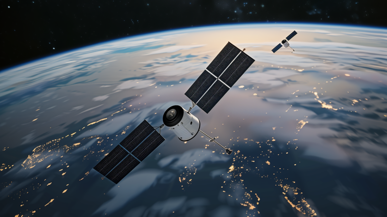 Smart satellites for fast action Two satellites orbiting Earth with illuminated city lights visible on the surface below.