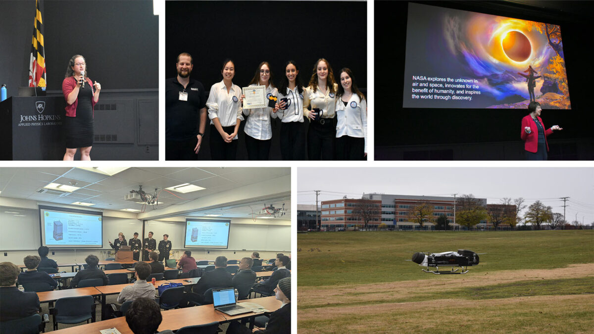 Collage of three presentations and an outdoor testing of a small aircraft at Johns Hopkins University.