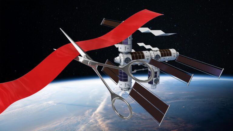 A pair of scissors cuts a red ribbon in space, with a space station and Earth visible in the background.