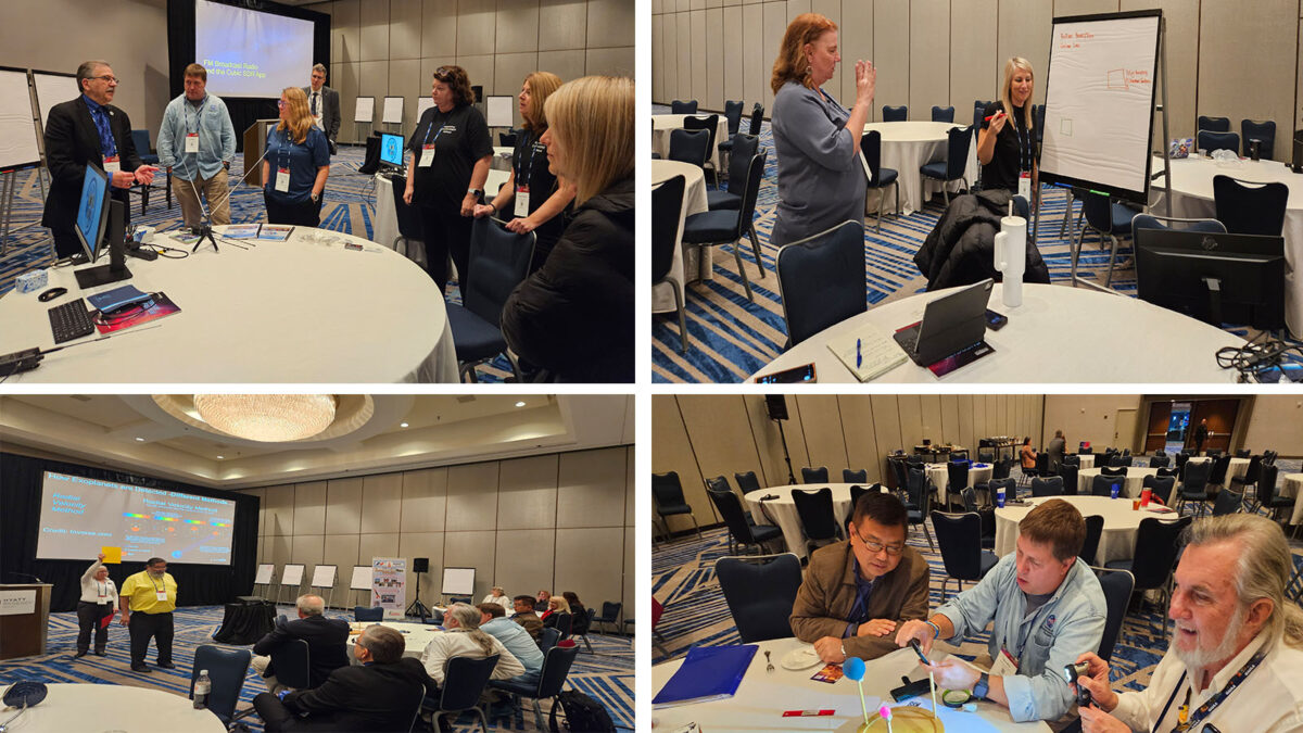 Four images of people participating in a conference workshop. They are engaged in discussions, presentations, and hands-on activities in a conference room setting.