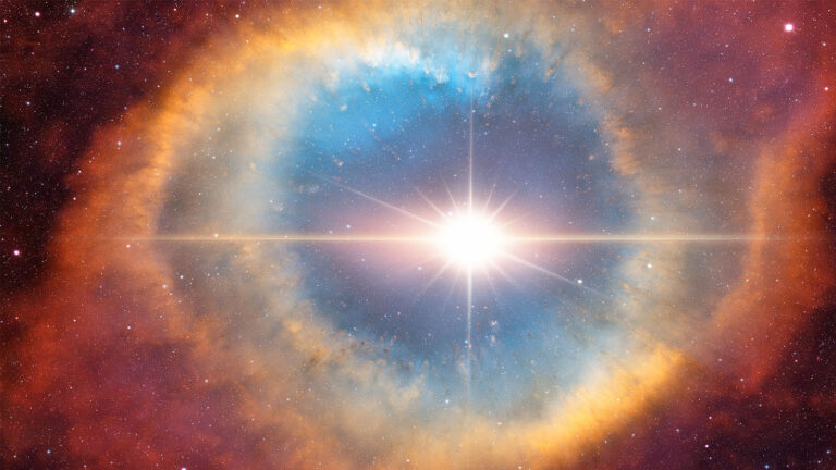 Colorful nebula surrounds a bright star in space, displaying vivid hues of blue, orange, and red against a backdrop of numerous smaller stars.