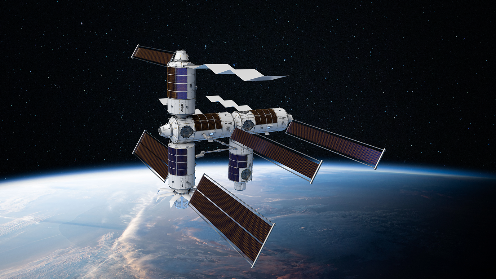 Space station with large solar panels orbiting above Earth, set against a backdrop of space and the planet's curvature.