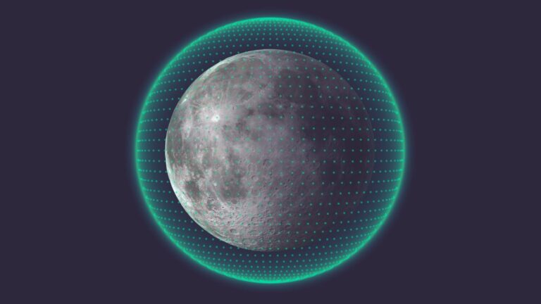 Image of the moon with a grid-like digital overlay and a glowing circular border against a dark background.