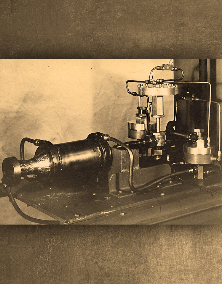 Among Goddard’s final work was the development of a variable-thrust motor that became the basis for the engine that powered the Bell X-2 supersonic research plane. This 1942 picture shows the test apparatus for a variable thrust pump unit.